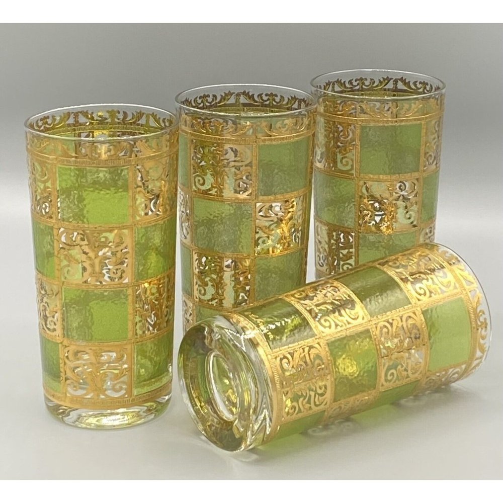 4 Vtg Mid Century Culver Prado Signed Green 22K Gold Highball Stained Glass Bar